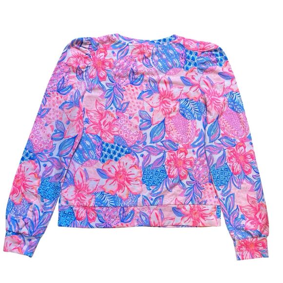 Lilly Pulitzer Jansen Sweatshirt M Pink Blue Puff Sleeve Resort Coastal Cruise - Picture 2 of 7